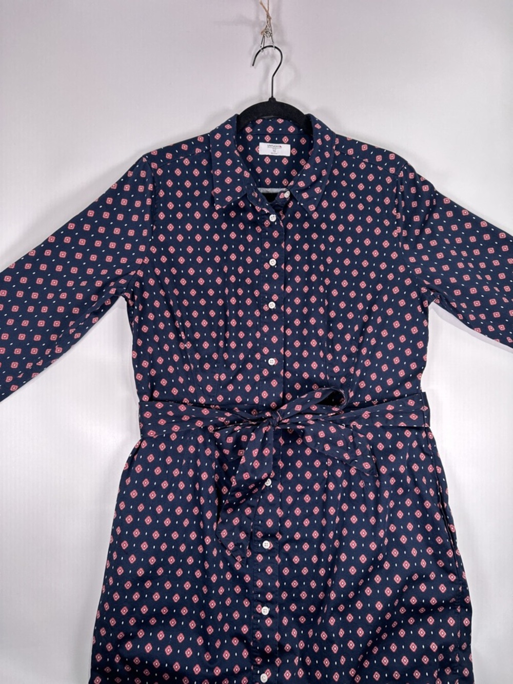 UNTUCKit Marie Shirt Dress Belted Button Front Geometric Navy Size 10 - Picture 5 of 13